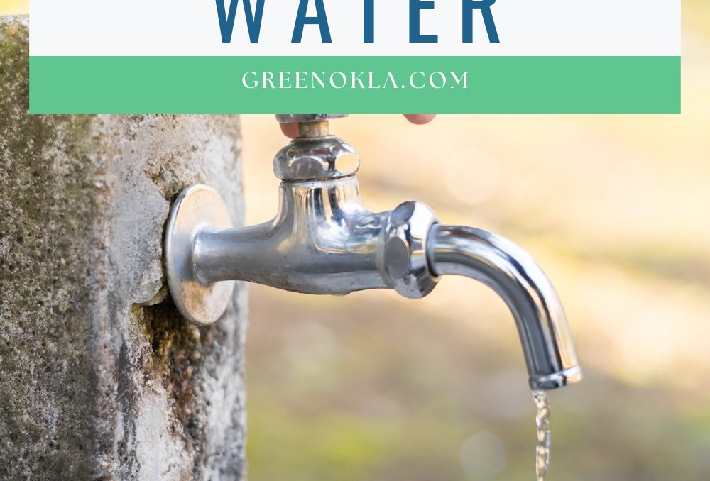 person turning off outdoor faucet with text overlay 15 easy ways to conserve water