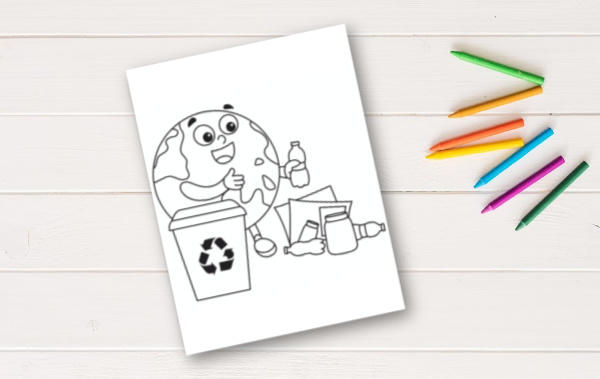 earth day coloring page on white table with crayons