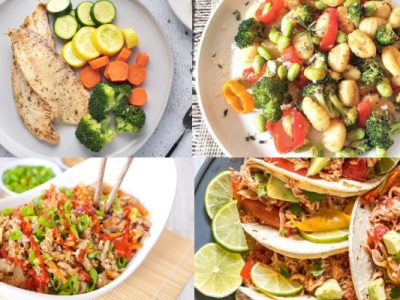 four easy healthy dinners on plates in collage